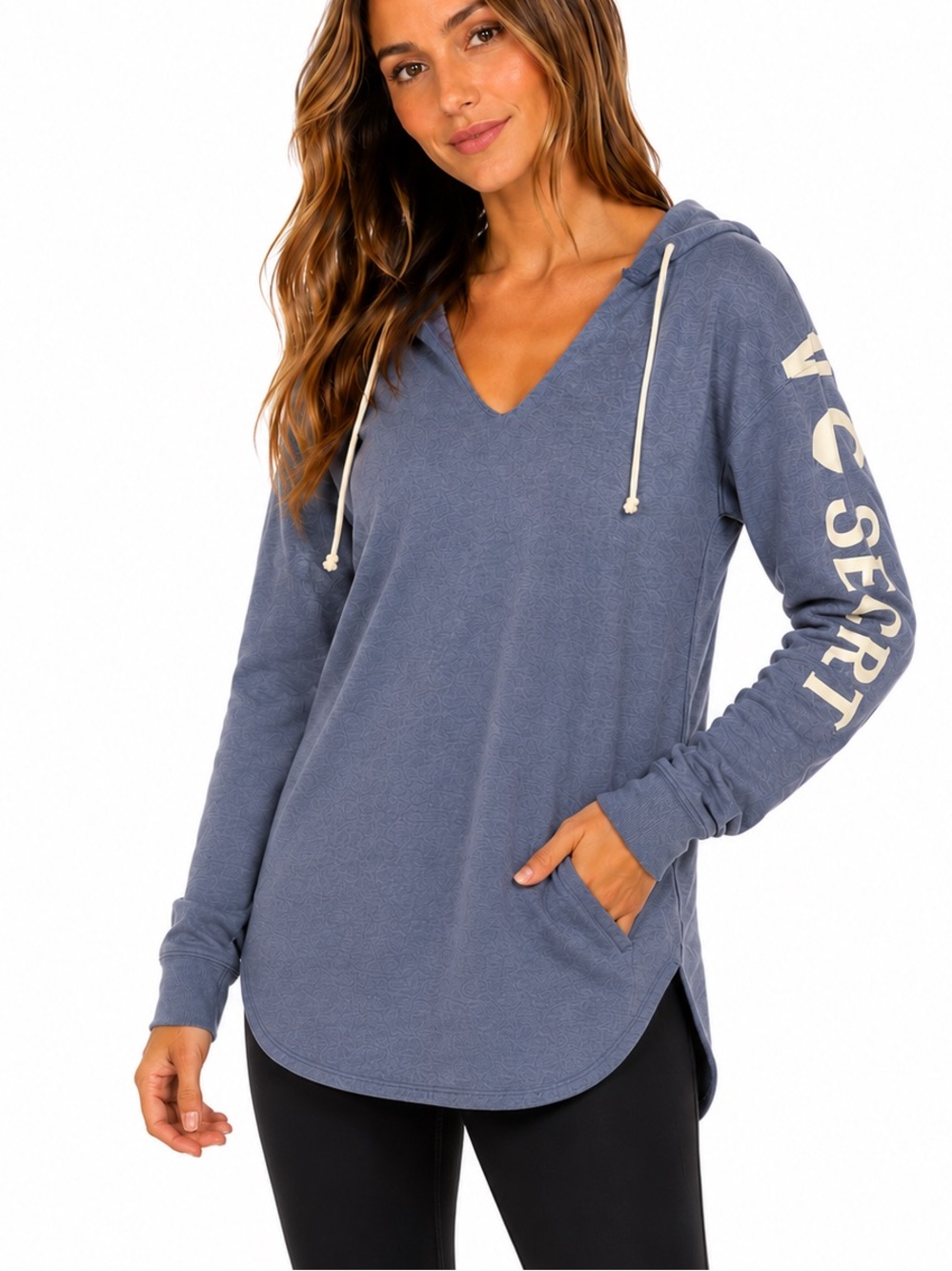Victoria's Secret Slate Blue V-Neck Hooded Pullover with Cream Sleeve Text